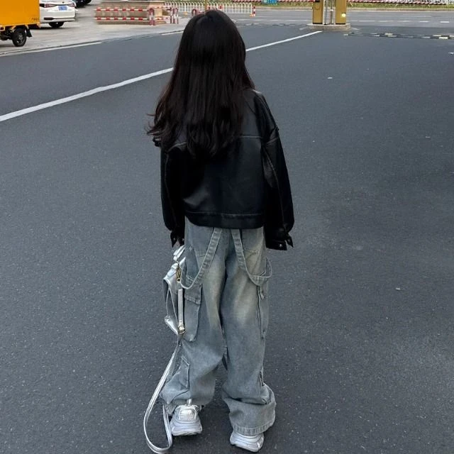 女童皮衣夹克长袖外套春秋新款中大童休闲时尚儿童牛仔工装长裤潮
