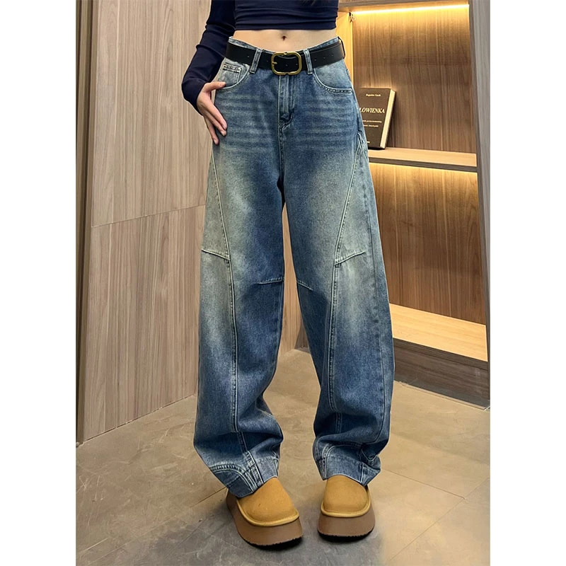 大码美式复古水洗做旧拼接弯刀牛仔裤女街头宽松显瘦阔腿坠感长裤