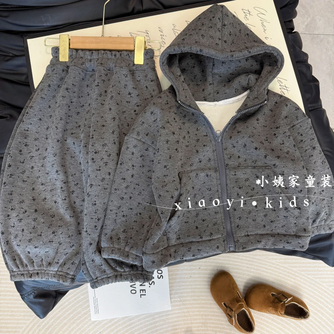 2025秋冬上新小碎花女童千金风女童亲子装加绒裤保暖卫衣套装