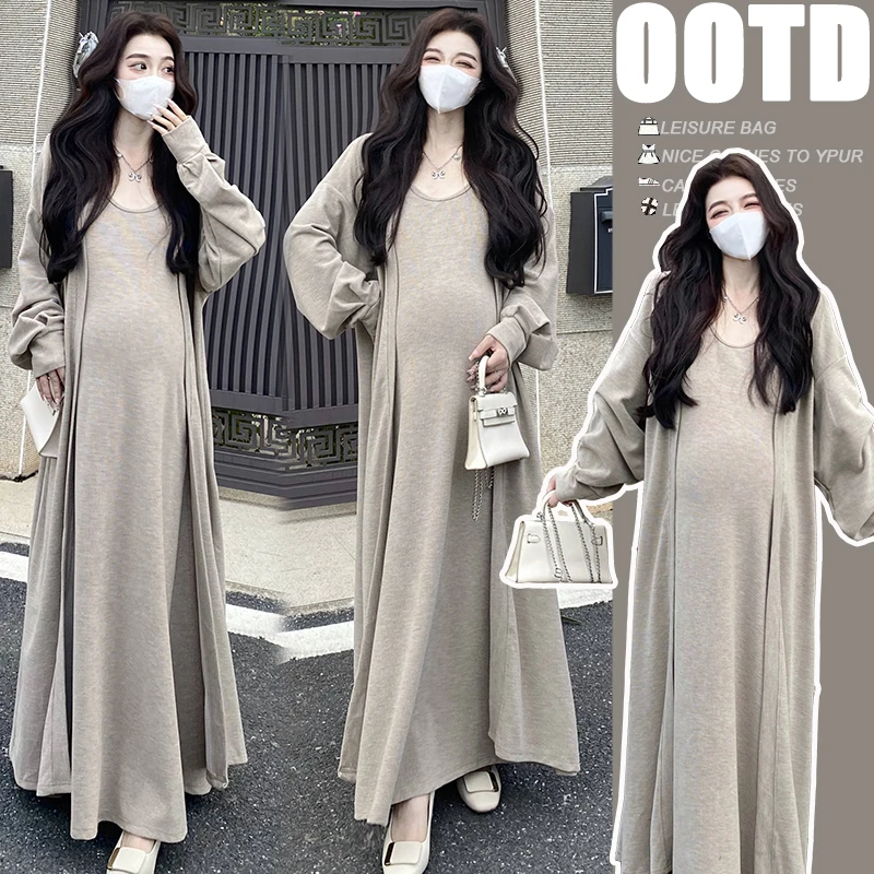 早春孕妇装春装2025新款慵懒风气质辣妈开衫背心裙连衣裙两件套装