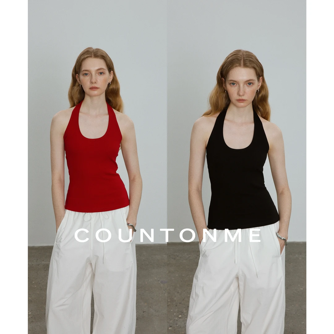 COUNTONME 夏季刚需/遮副乳 弹力螺纹度假休闲显瘦挂脖背心上衣