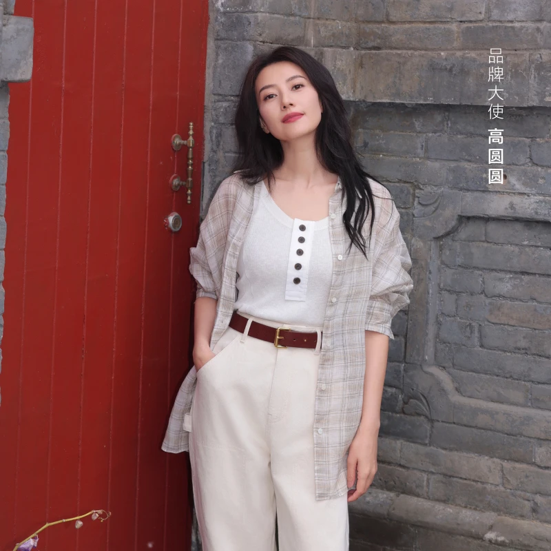 【董洁同款】edition2025夏季新款波嬉风苎麻格子衬衫#EBE2SHT007