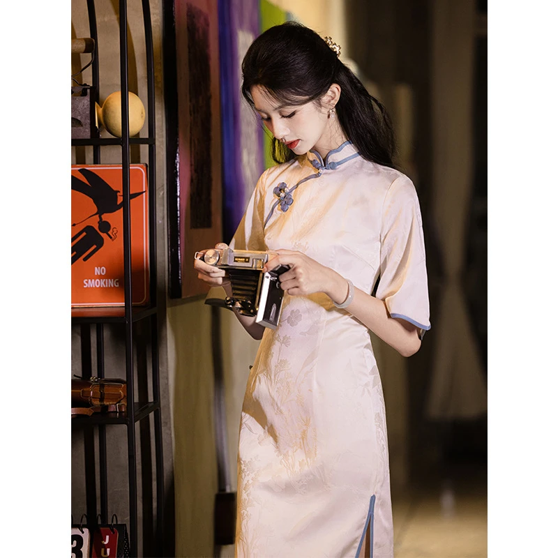 米白色气质新中式旗袍2025新款夏季改良日常学生民国复古连衣裙女