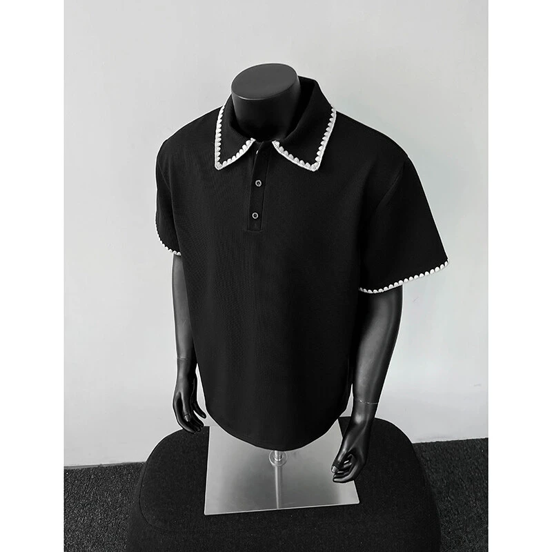 美式拼色翻领黑色短袖t恤男女2025夏季新款学院风情侣polo衫上衣