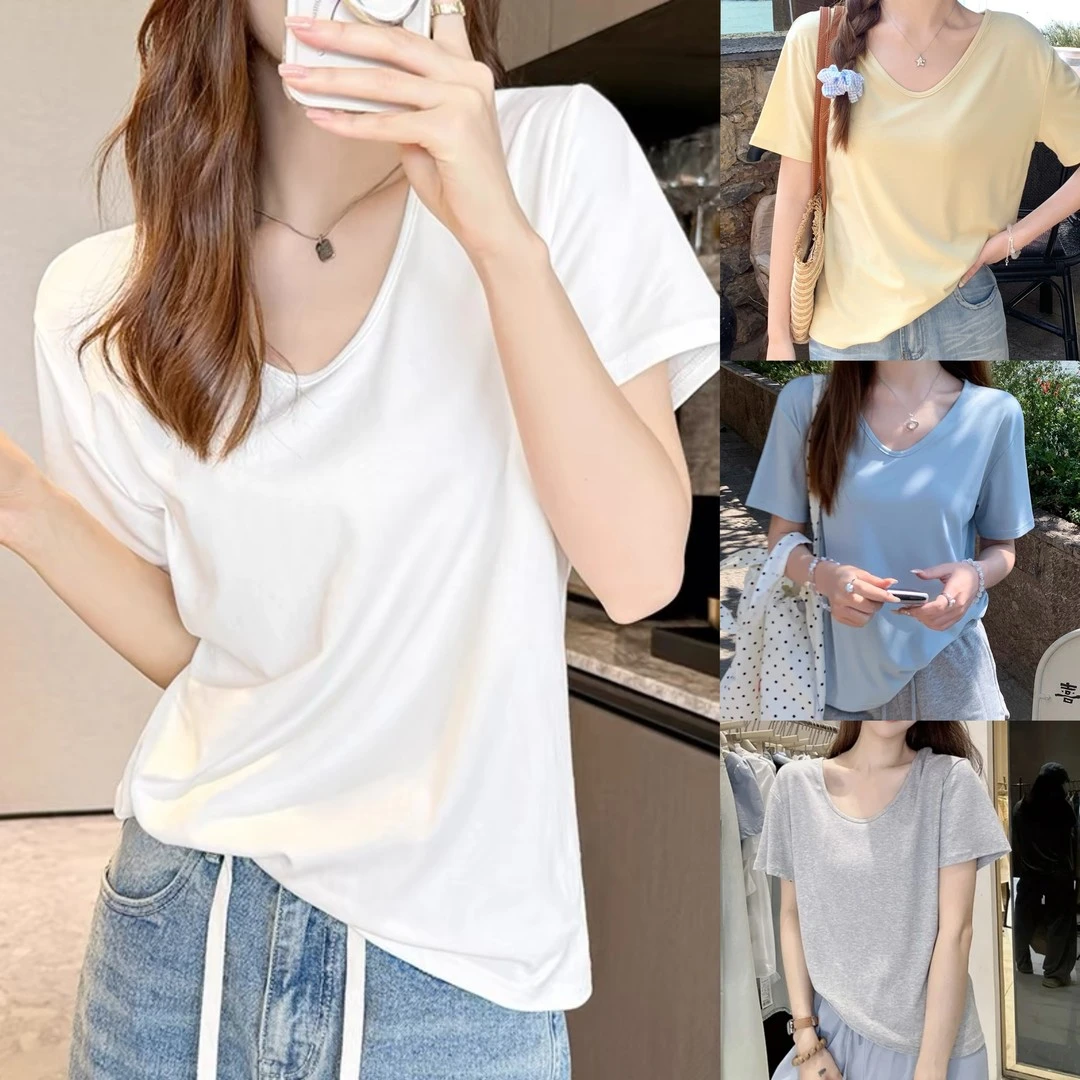 纯欲风夏季网红短袖白色大领口时尚V领t恤正肩夏宽松显瘦内搭女潮