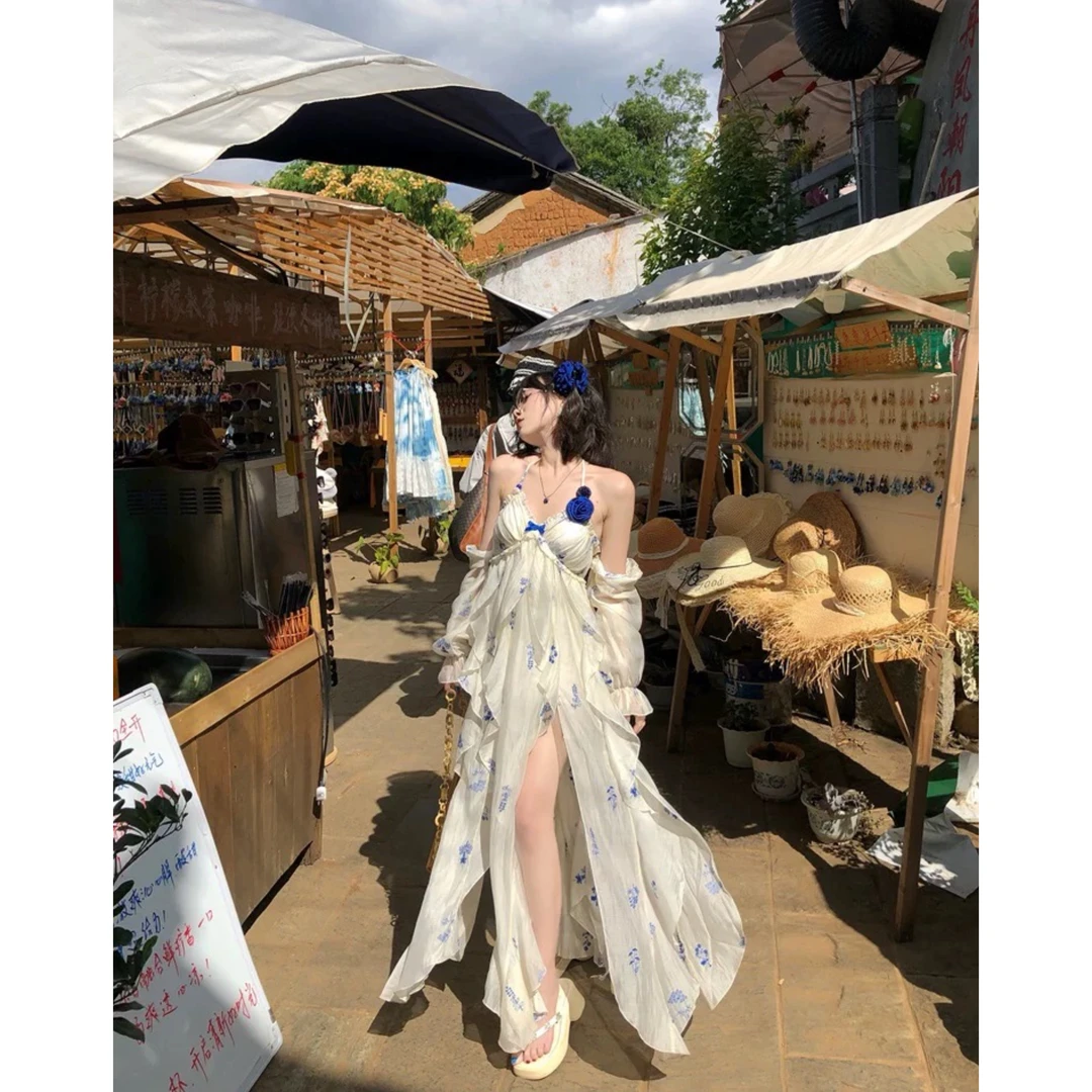 【ALITTLE 乱糟糟】“碎冰蓝鸢尾”夏日蓝玫瑰露背吊带裙可拆卸袖