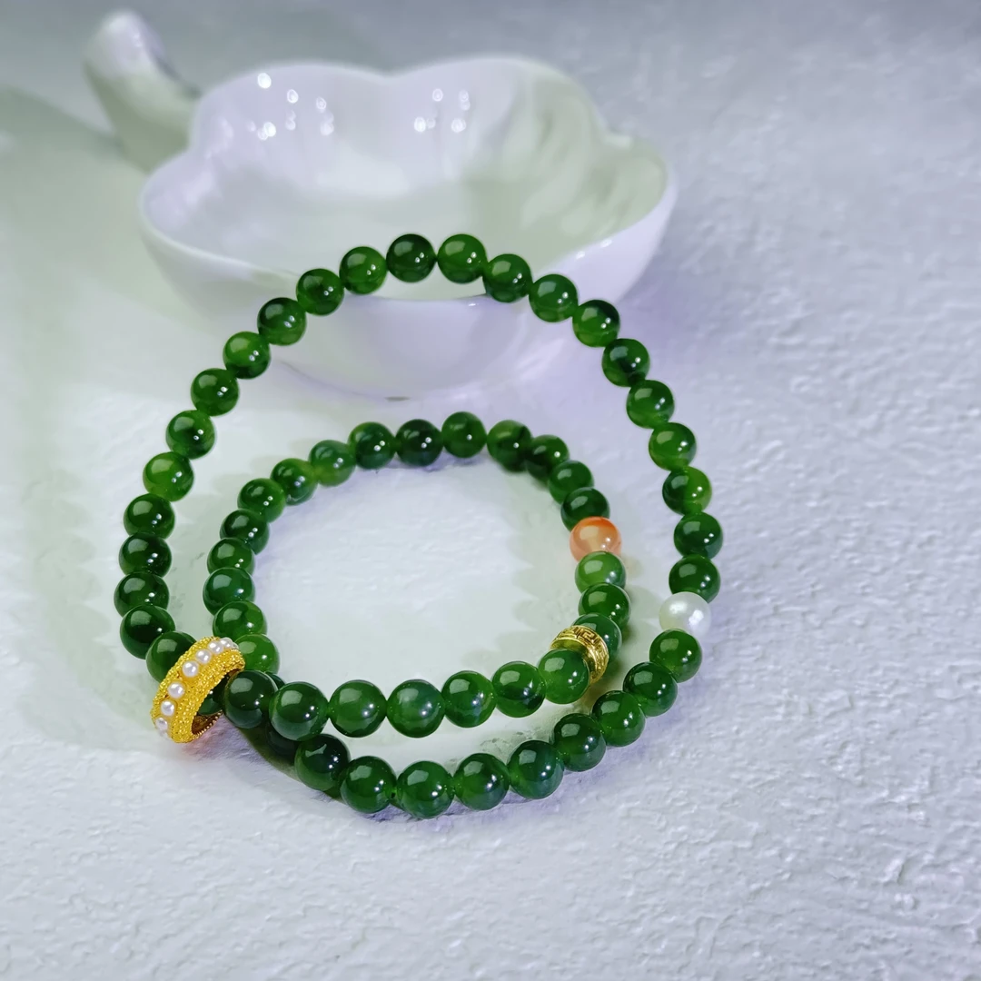 【然然家】天然碧玉春未绿跑环双圈手链