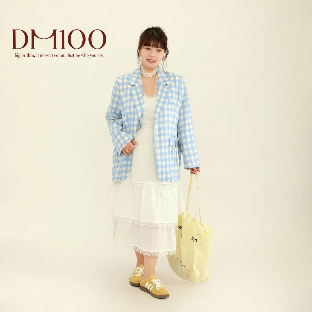 【3月3日新品】大码百分百春季正肩H型复古甜美格纹西装外套0333