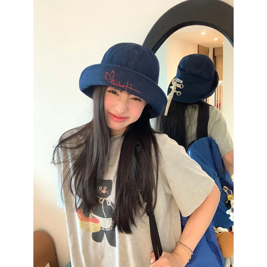 繁星字母翻折牛仔渔夫帽大帽檐显脸小时尚遮阳帽复古系带盆帽小众