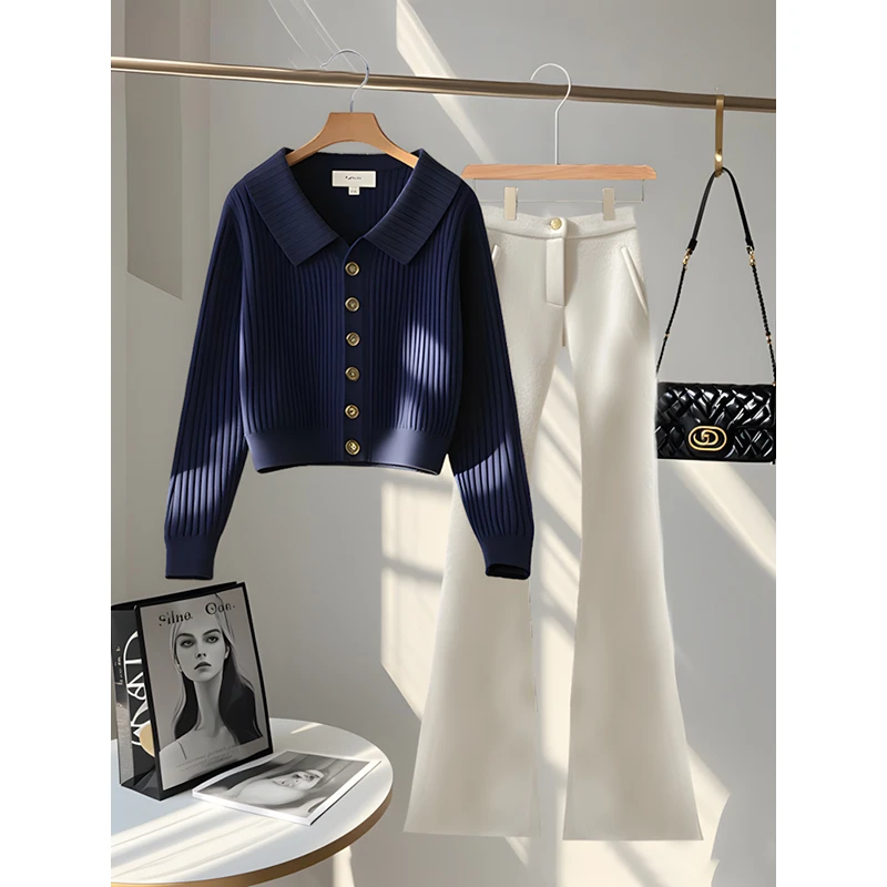 法式高端轻奢慵懒风洋气针织衫女秋季新款白色休闲百搭裤子两件套