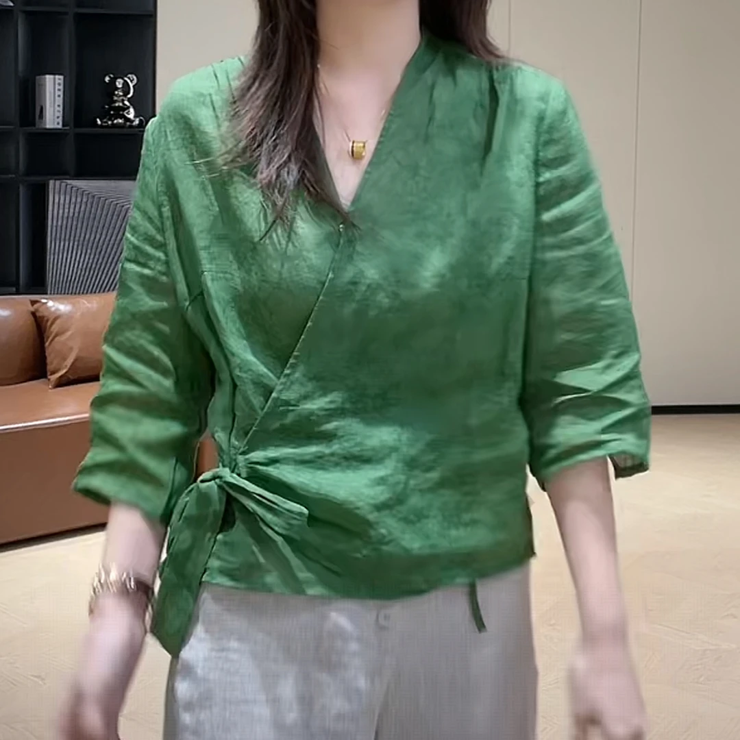 韩系提花V领显瘦绑带设计感衬衫上衣女夏季2025新款复古洋气小衫