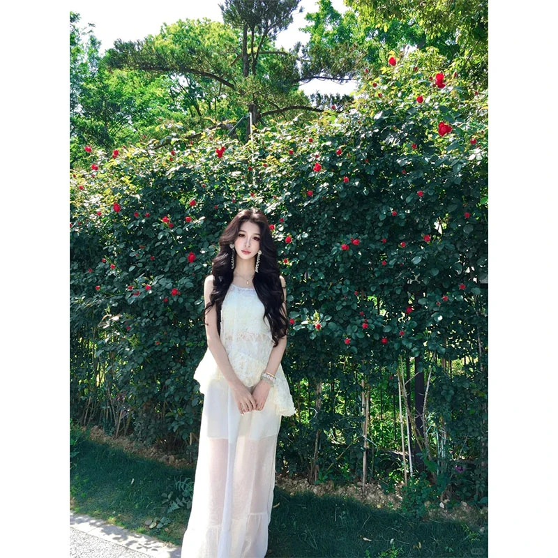 夏季新款修身显瘦穿搭小众设计款花纹无袖上衣气质时尚收腰半身裙