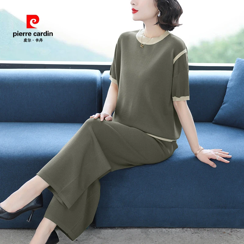 皮尔卡丹夏季短袖时髦洋气宽松妈妈装阔腿裤两件套休闲时尚套装女