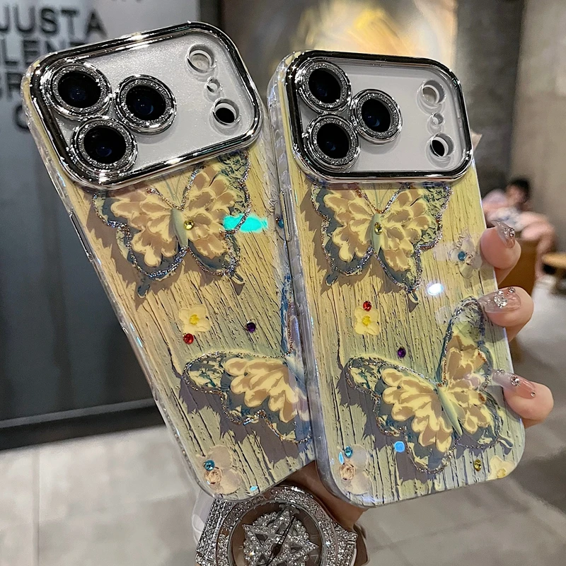 适用苹果系列iPhone17新款手机壳优雅风蓝白蝴蝶全包闪粉镜头防摔