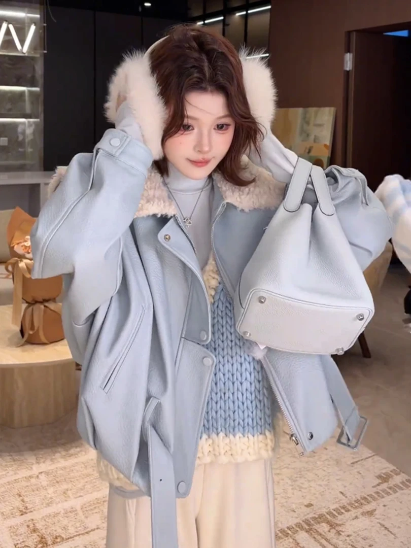 温柔风气质大翻领短外套女装2025秋冬新款保暖加厚蓝色上衣外套