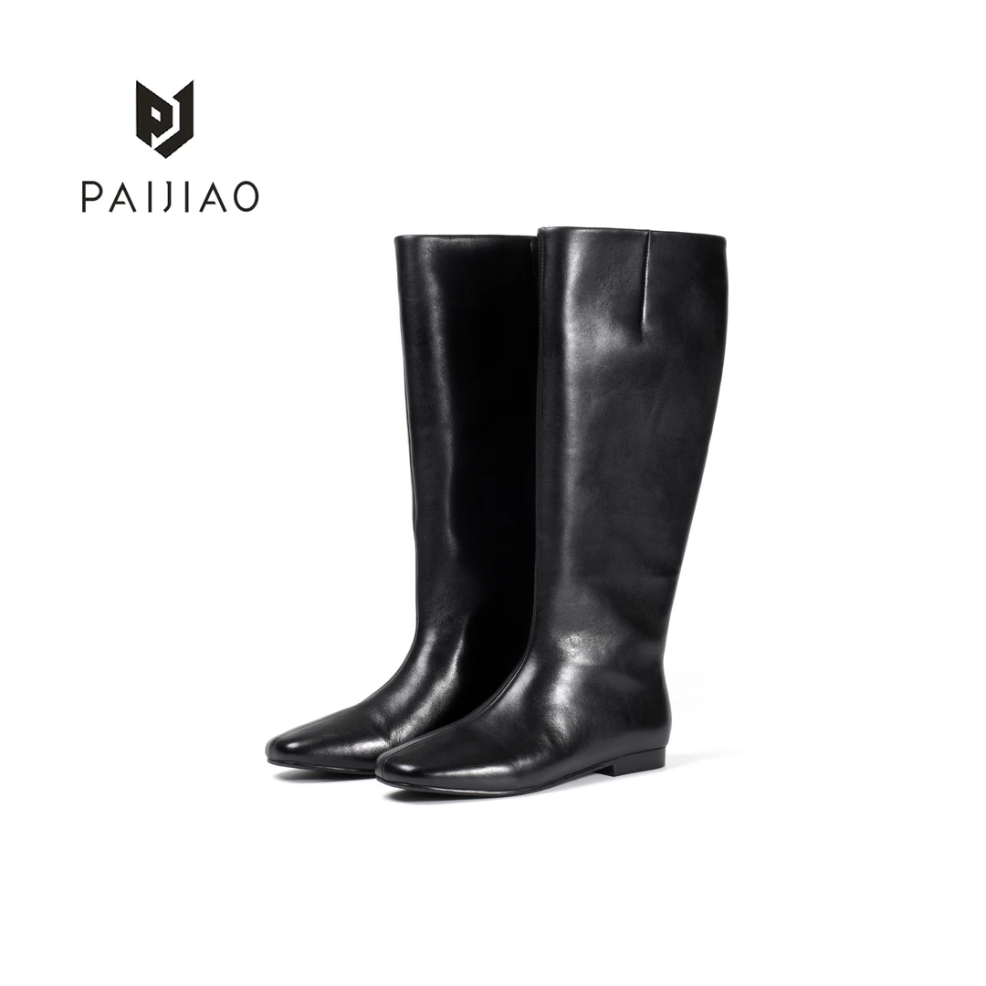 法式极简羊皮中缝方头一脚蹬低跟百搭气质长靴时尚瘦瘦靴XC1110-6