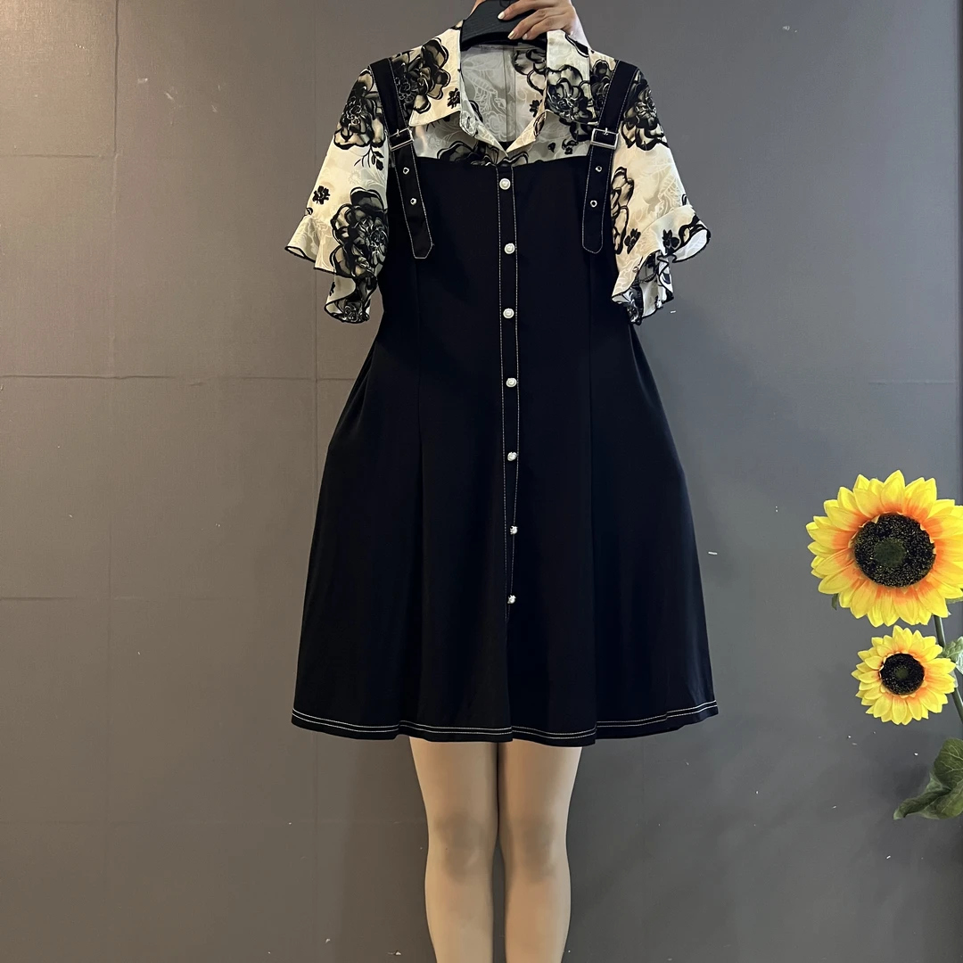 甜美风时尚印花拼接气质显瘦大码连衣裙8202