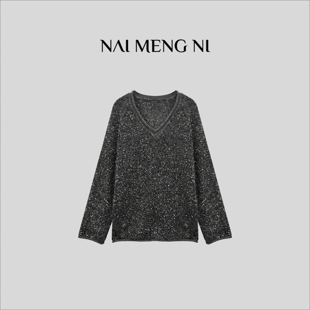 【火火】 26N01023【聚会战袍】秋冬季v领亮片长袖毛衣女时尚宽松上衣