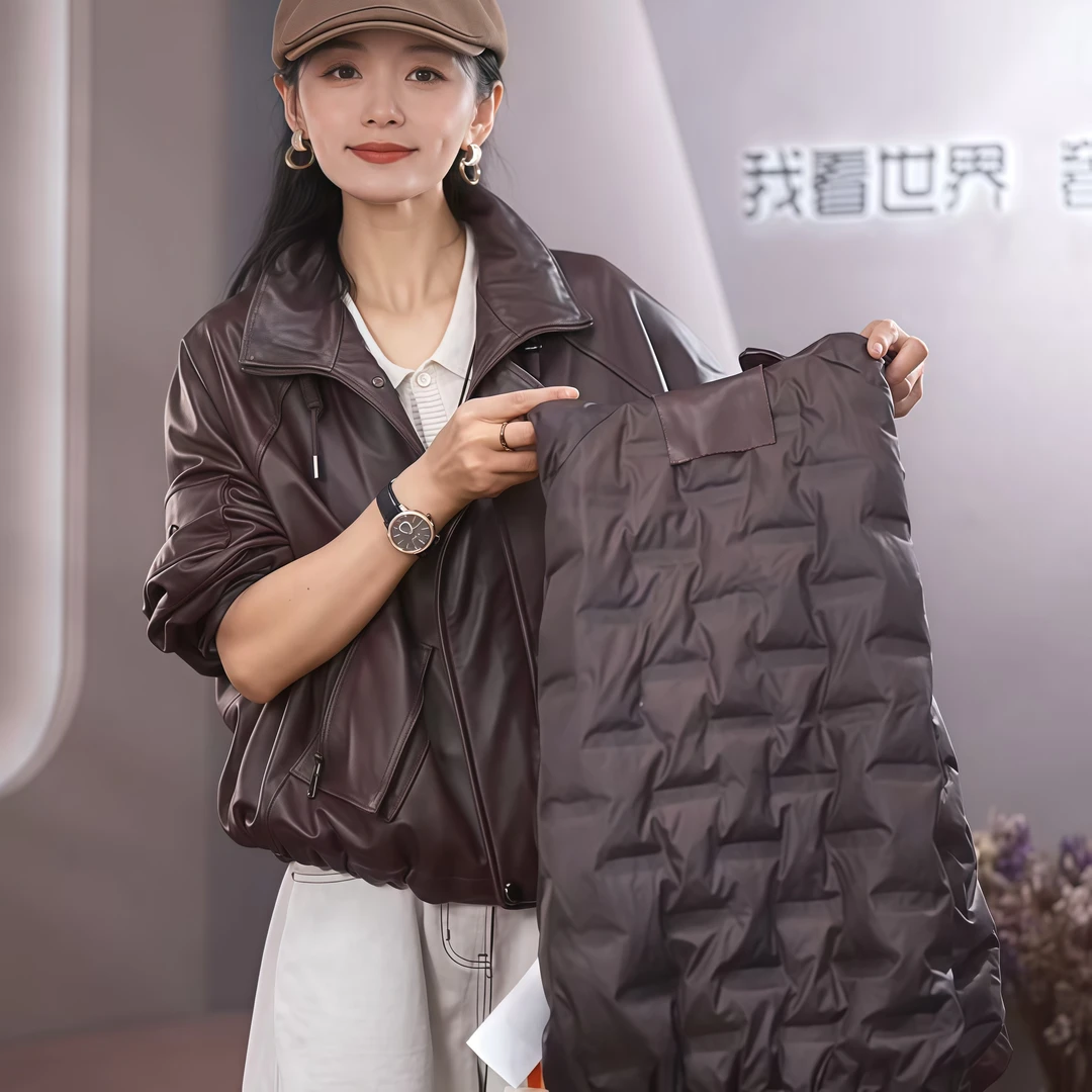 双A头层小牛皮3D立体海宁真皮鹅绒短款皮衣外套女款爆款2025新款