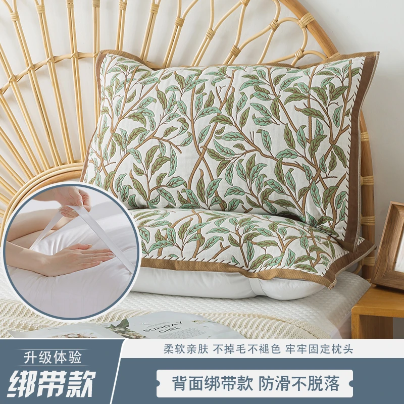 纯棉纱布枕巾一对装家用绑带固定防脱落枕头巾加大加厚欧式枕巾