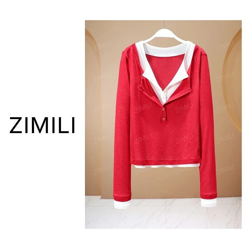 【亮哥女装】2025秋冬新品《喜悦》胭脂红拼接假两件高弹上衣9896-A1