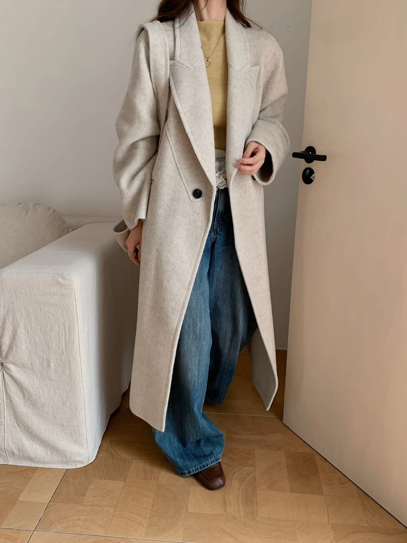 【锦衣服饰】CY 66018韩系两用桶帽背带包包长款西服领大衣