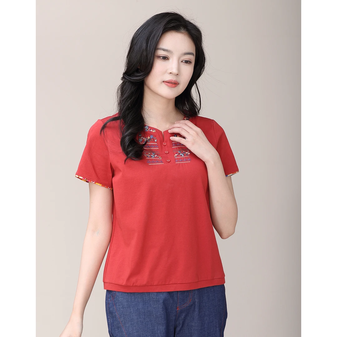棉中年女装夏季短袖t恤绣花胖妈妈装棉小衫中老年人体恤上衣