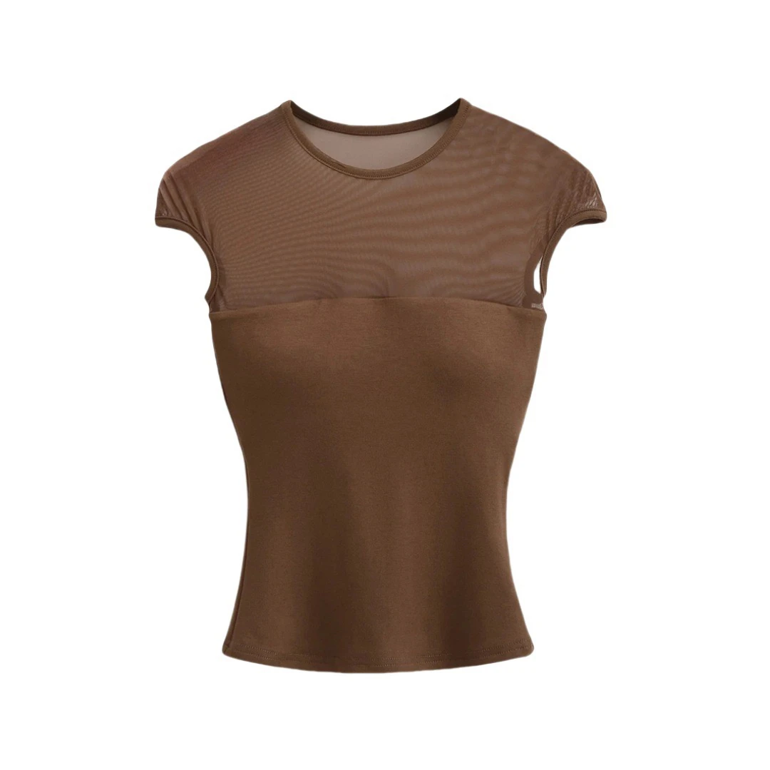 【悦己】性感圆领透视拼接短袖T恤女设计感辣妹胸垫修身短款上衣