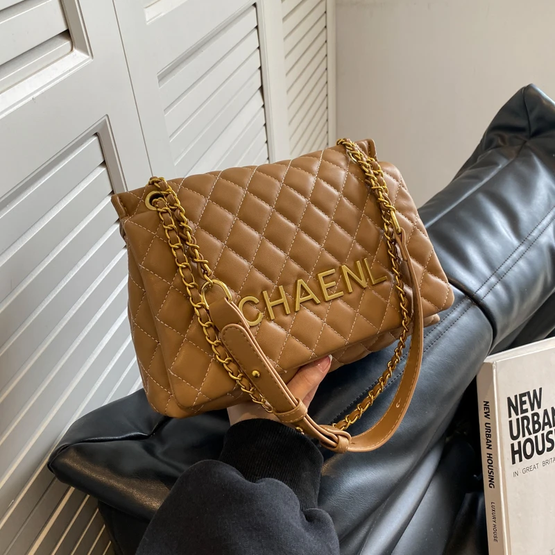 格子耐脏日韩字母简约风单肩包秋冬夏季链条包单肩肩包小香风