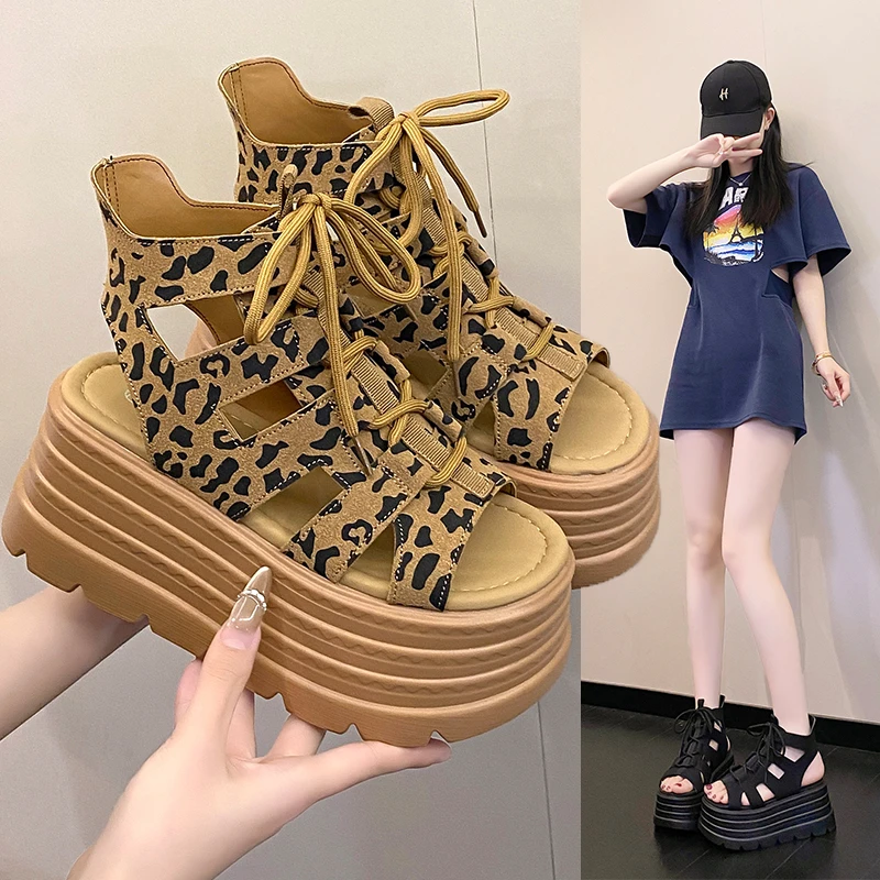 厚底高帮凉鞋女时尚外穿2025夏季新款增高8cm豹纹镂空松糕罗马鞋