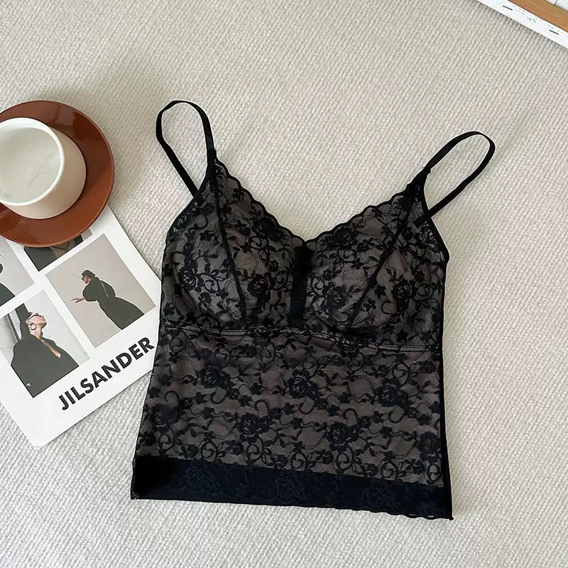 执感~薄款通勤吊带极简风法式背心内衣打底蕾丝性感美背9890