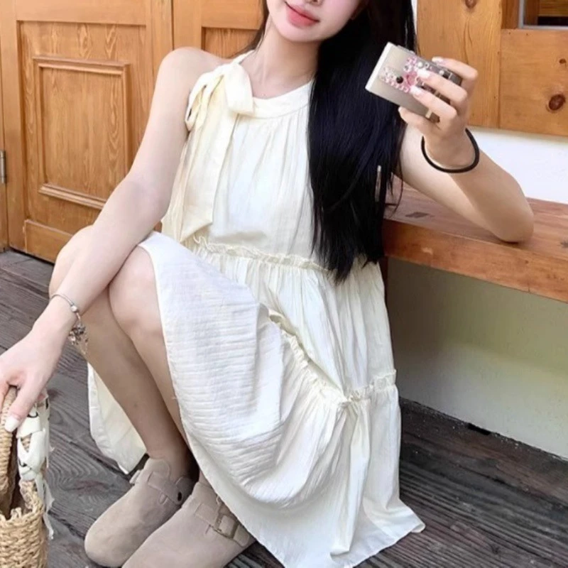 夏季多巴胺小个子吊带无袖挂脖连衣裙夏季海边度假气质沙滩裙子