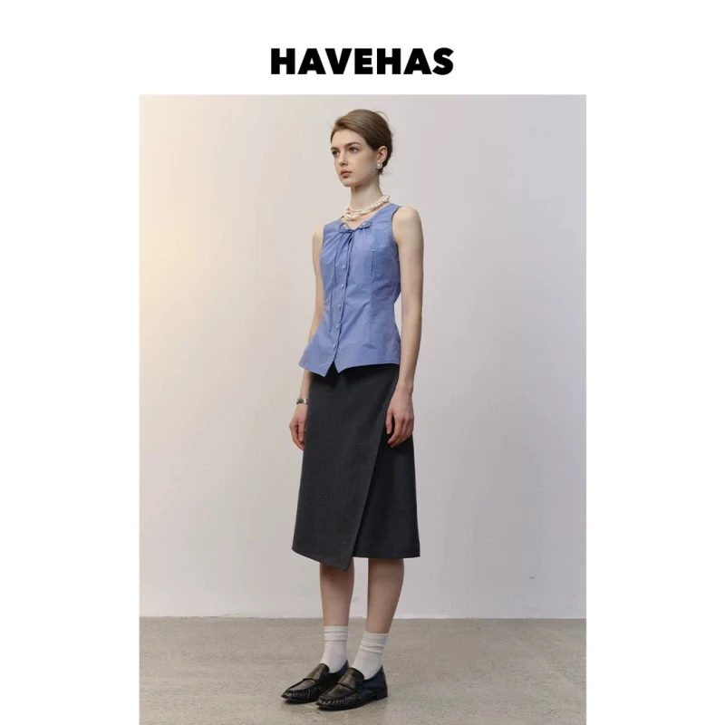 HAVEHAS爱琴海美学浪漫法式纯棉度假晒布工艺背心/混纺半身裙