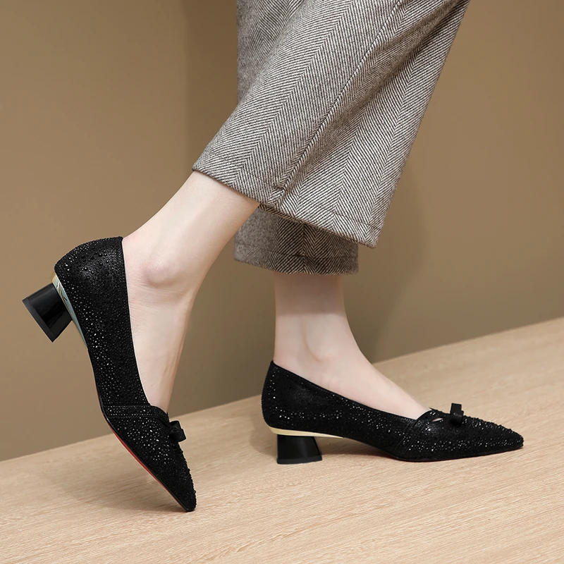 529单鞋水钻蝴蝶结浅口春秋粗跟高跟春季方头尖头秋季女鞋皮鞋