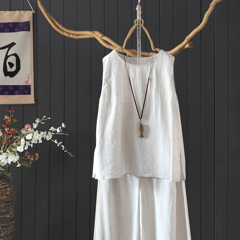 文艺百搭圆领纯色亚麻套头无袖上衣女宽松显瘦春夏季亚麻马甲背心