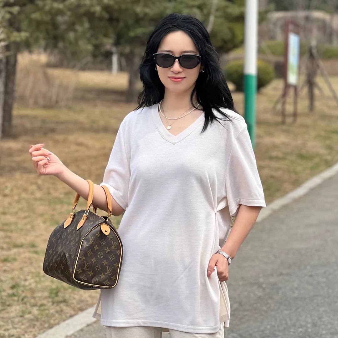 櫟丝御锦柞蚕丝女士V领半袖中长款可收腰气质舒适百搭显瘦  25147