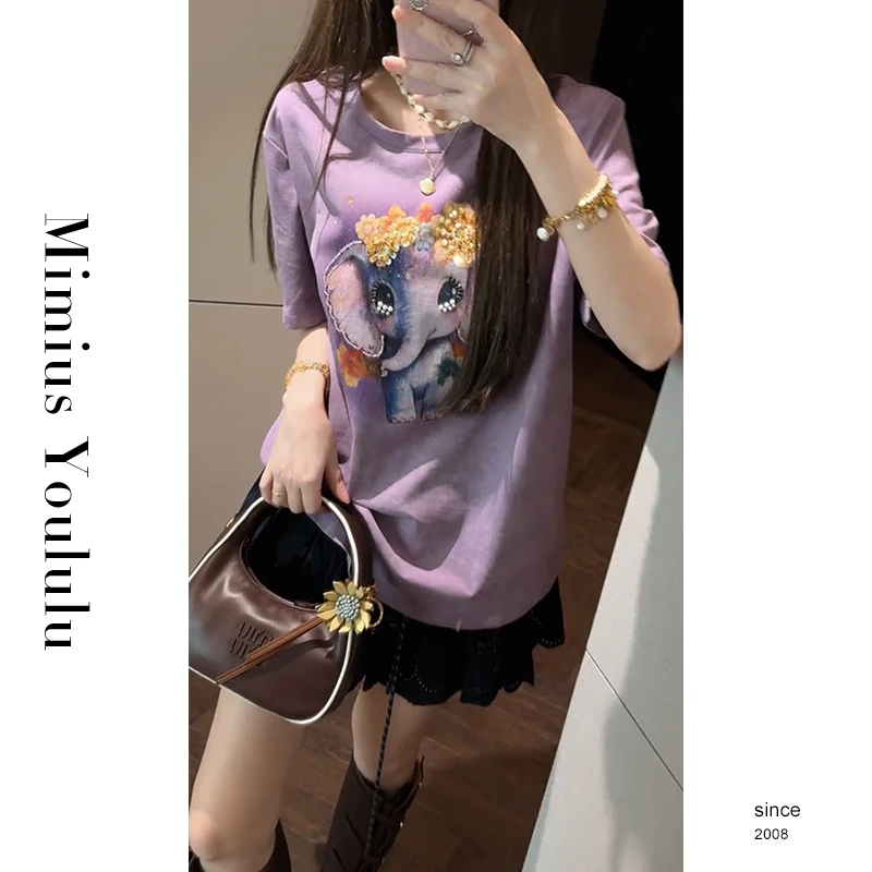 【mimius】L 可爱卡通彩绘小象钉珠短袖上衣 G04344