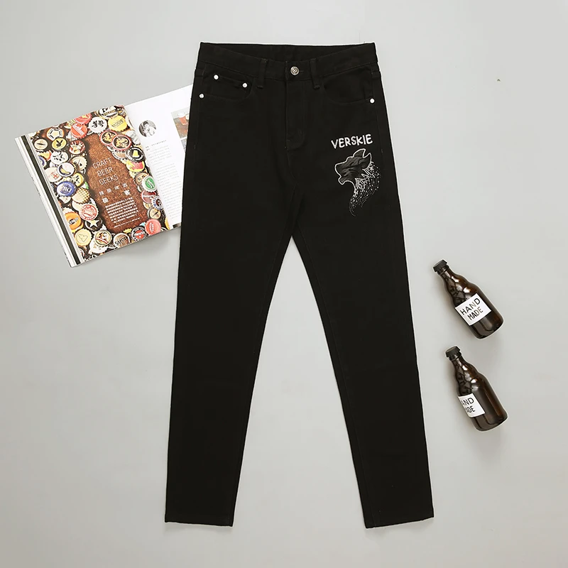 高端欧货牛仔裤男秋冬季潮流黑色烫钻弹力修身小脚高档长裤裤子