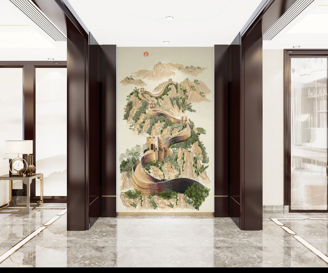 馨绣居-君临天下长城高端独绣新中式刺绣小玄关背景墙