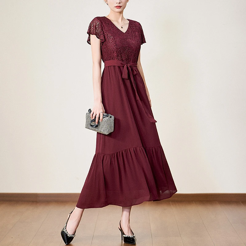 迪欧芙2025年春夏季新款红色时尚气质百搭女装连衣裙#LE-LQ020