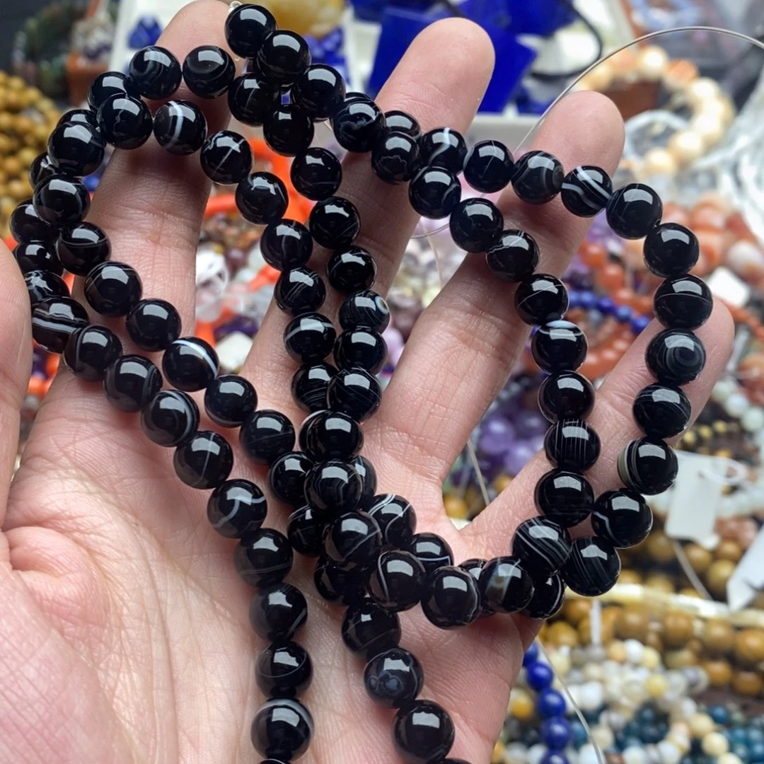 玛瑙/玉髓未镶嵌珠宝半成品一条纯天然8mm蚕丝黑玛瑙圆珠C66