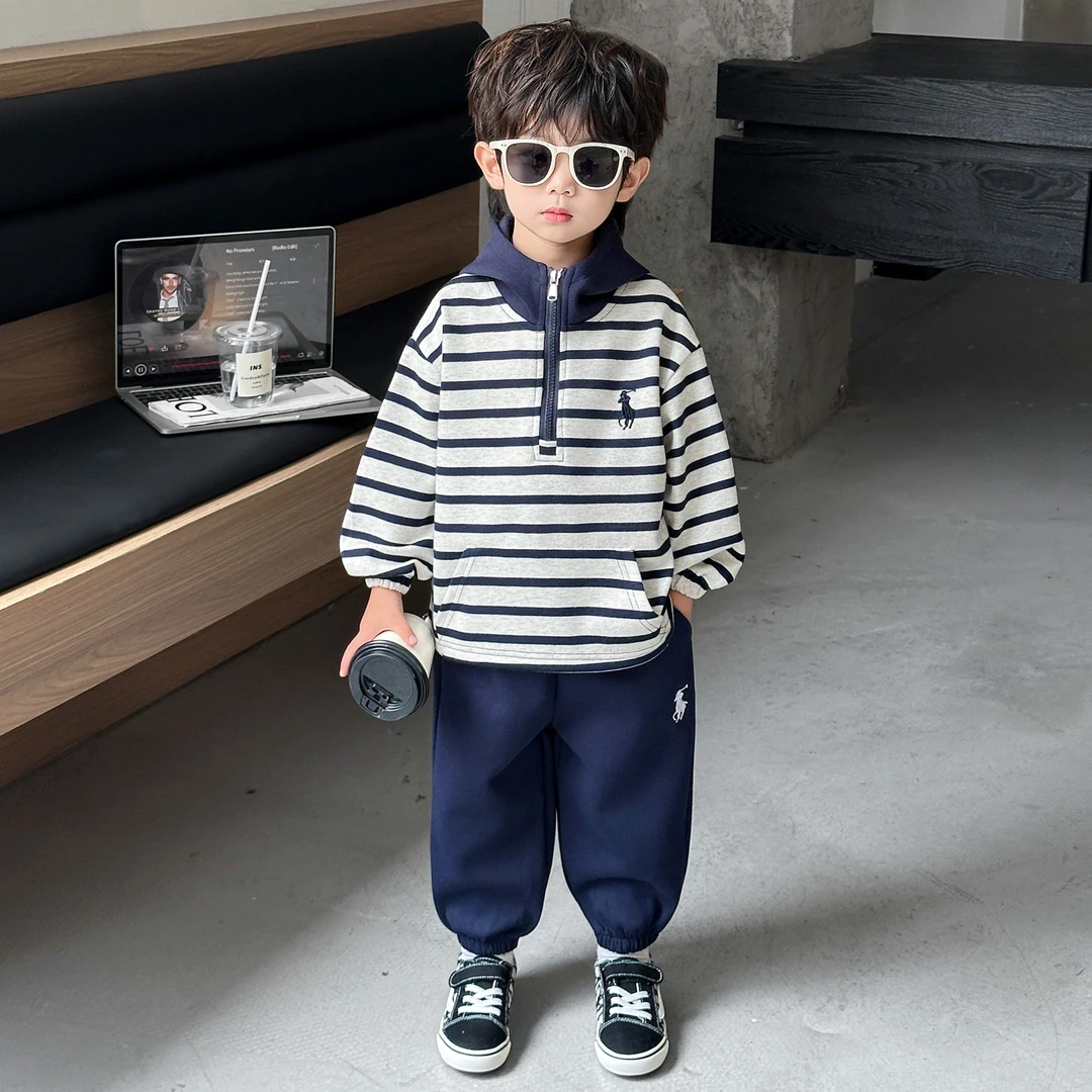 童装男童套装秋季2025新款潮酷儿童秋装条纹宝宝连帽卫衣两件套潮