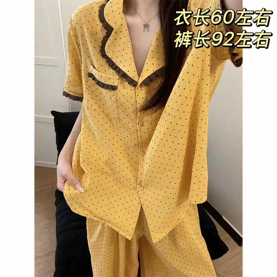 韩系波点宽松轻奢印花网红减龄时尚短袖长裤家居服套装