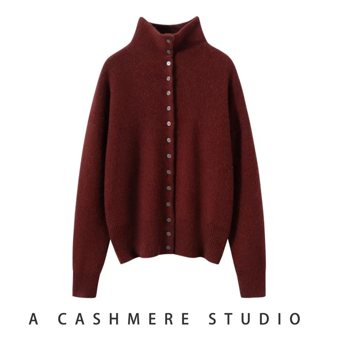 【100%山羊绒 立领开衫】七针多扣 加厚针织羊绒衫 网红立领-752