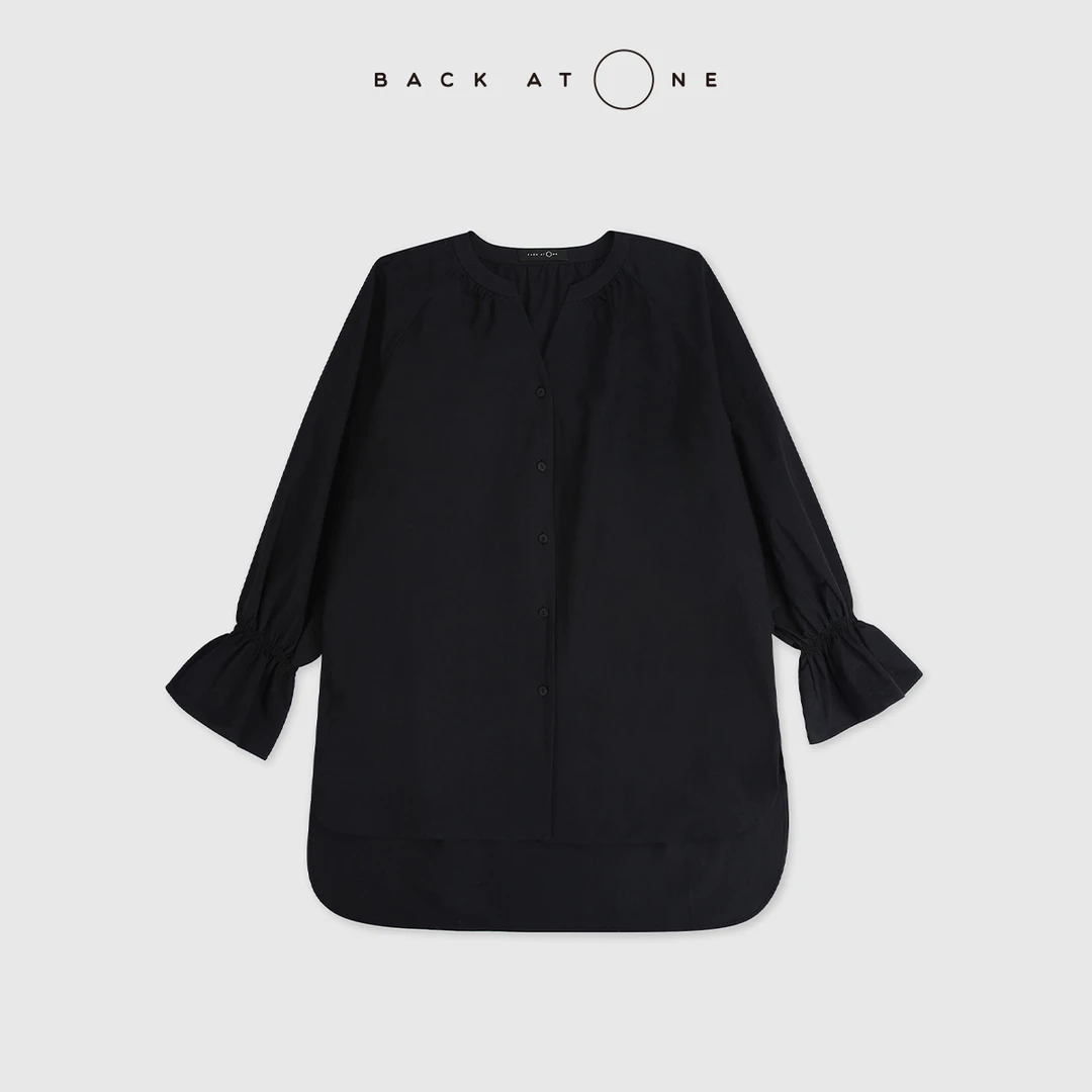 BackAtOne“典雅之语”法式中长款花苞袖黑色V领衬衫 BFS-1BS028B-K