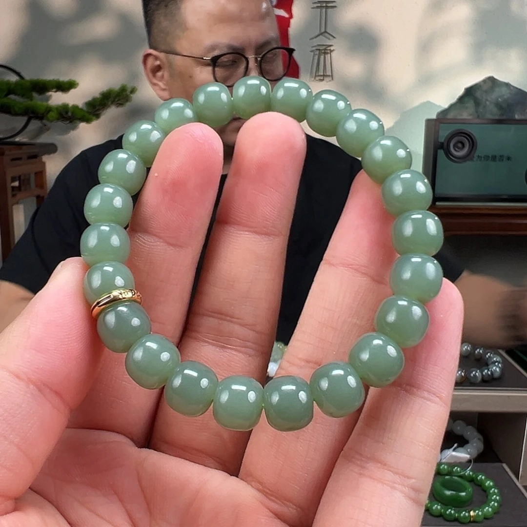 和田玉未镶嵌手链卡10mm藏物粉青