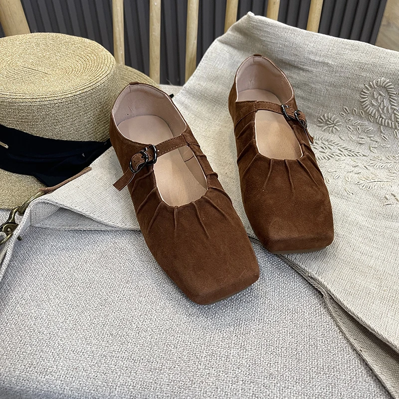 复古一字扣玛丽珍鞋浅口文艺方头羊反绒百搭平底鞋女XF103