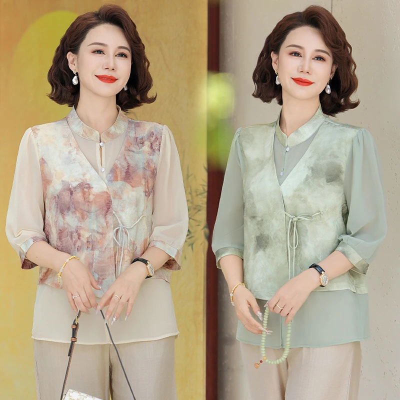 新中式妈妈夏装雪纺衬衫假两件上衣洋气半袖中老年女夏季t恤小衫
