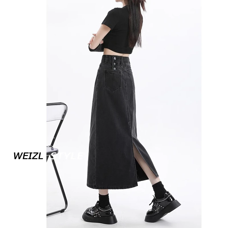 高腰开叉牛仔半身裙女2025年春夏新款显瘦小个子A字中长款包臀裙