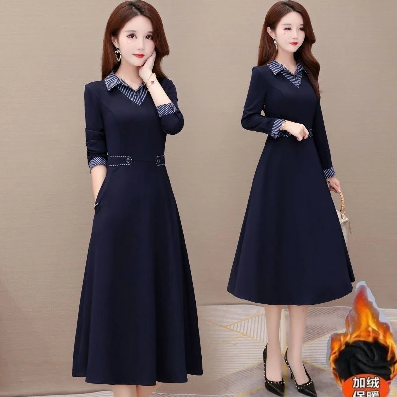 通勤设计感时尚气质遮肉显瘦条纹不加绒/加绒遮肉显瘦连衣裙